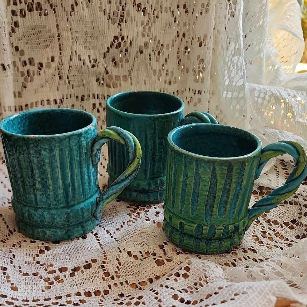 Vintage Holt Howard Blue Green Braided Handle MCM Italy Aqua Coffee Mugs